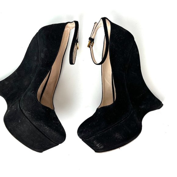 Authentic PRADA Black Suede Platform Wedge High Pumps 38.5 8 - Picture 8 of 10